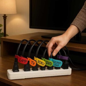 Kabel bindere MultiColor i stof, velcrobånd og plastik - Let identificering, farvekodning, genanvendelig: A different realistic living room setting where the product is securely positioned on a media console, being used to neatly bundle and identify TV and audio system cables.