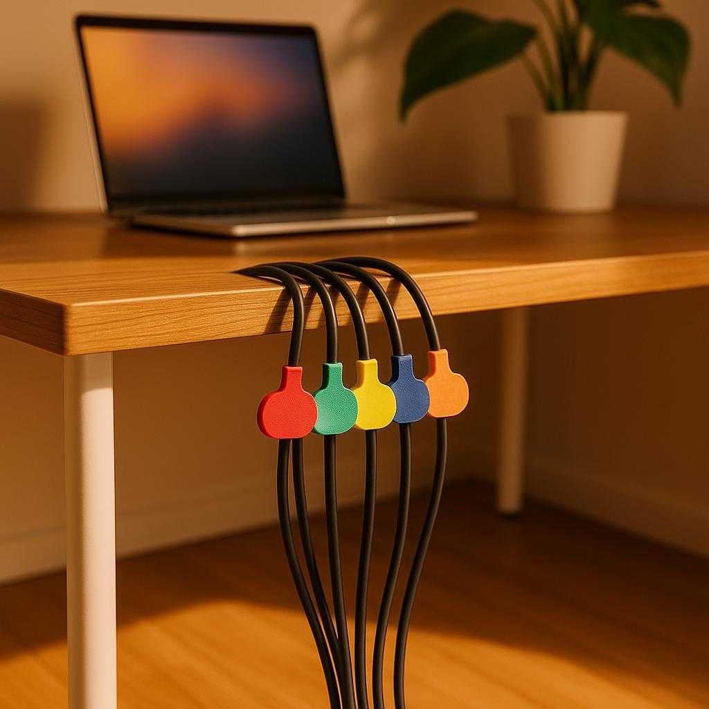 kabelmrker-16-stk-i-forskellige-farver-til-nem-i_15234092368259_scene1 Kabelmærker - 16 stk. i forskellige farver til nem identifikation og organisering: A vibrant home office setting, where the cable markers in various colors such as red, green, yellow, dark blue, orange, and blue are neatly clipped onto a cluster of computer cords, organizing the chaos under a sleek wooden desk.