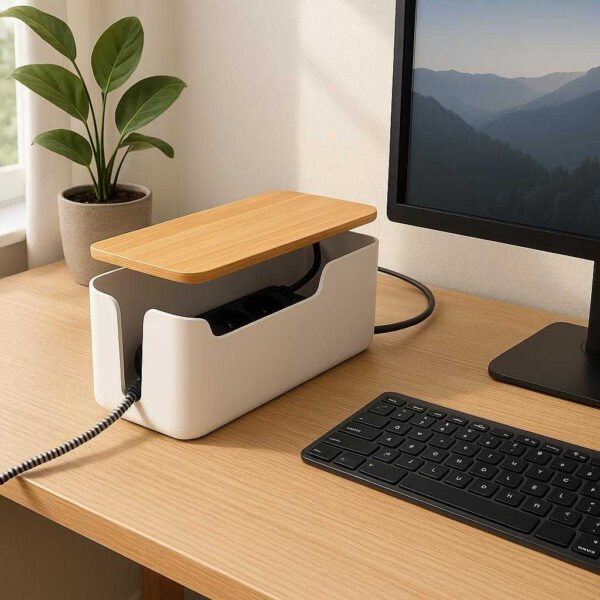 Kabelskjuler Boks i Plastik og Bambus - Hvid & Sort, Professionel Organisering: A realistic home office setting where the Kabelskjuler Boks is properly grounded on a wooden desk, being naturally placed next to a desktop computer setup, with cables neatly organized and concealed within the box.