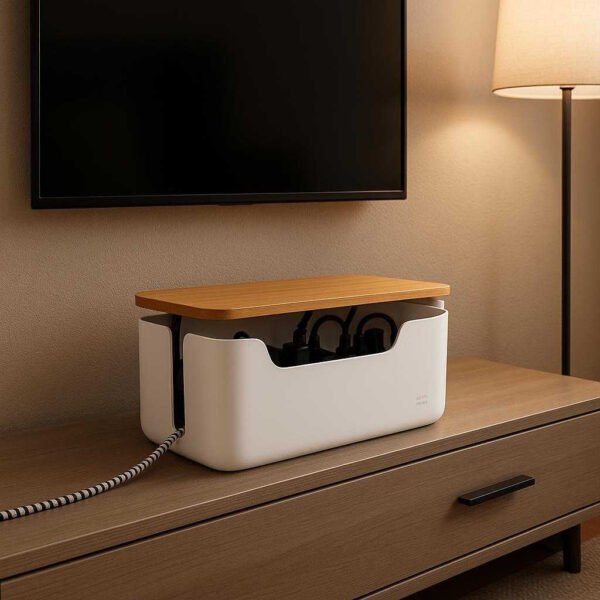 Kabelskjuler Boks i Plastik og Bambus - Hvid & Sort, Professionel Organisering: A different realistic living room setting where the Kabelskjuler Boks is securely positioned on a modern entertainment unit beneath a wall-mounted TV.