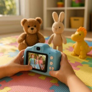 Kamera til Børn – Digitalt Spil- og Videokamera med Farverigt Design og Læringsfunktioner: A realistic children's playroom where the Kamera til Børn is properly grounded on a colorful play mat, being actively used by a child's hands.