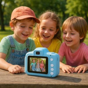 Kamera til Børn – Digitalt Spil- og Videokamera med Farverigt Design og Læringsfunktioner: A different realistic outdoor park setting where the Kamera til Børn is securely positioned on a picnic table, being naturally placed as a group of kids happily gather around, looking at photos they took.