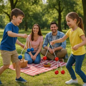 Kaste kugler med snor – Ideel til udendørs leg og konkurrencer i rød og blå farve. A family enjoys a picnic in the park with kids using the red and blue rope balls for a fun game, while adults relax on a blanket nearby.