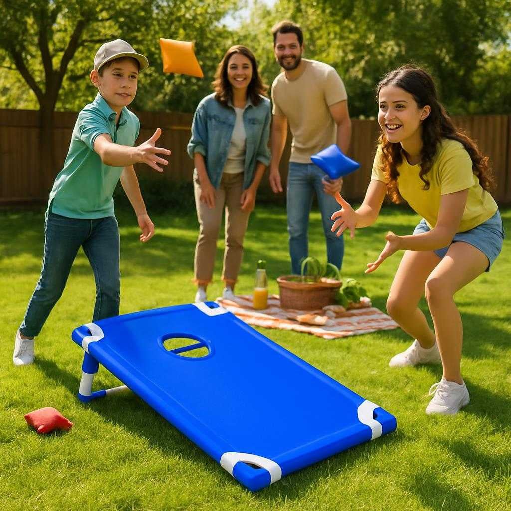kaste-spil-i-slidstrk-polyester-og-robust-plast-perfekt-til-indendrs-og-udendrs-brug-the-blue-cornhole-board-set_15237065900419_scene1 Kaste Spil i Slidstærk Polyester og Robust Plast - Perfekt til Indendørs og Udendørs Brug. The blue cornhole board set up on grass in a backyard, with players tossing bean bags in a lively family picnic setting on a sunny day.