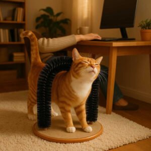 Katte Bue i Plastik, Syntetiske Børster og Træbase - 1 stk - Standard Kvalitet: A different realistic setting in a cozy home office where the product is securely positioned on a plush area rug, naturally placed beside a work desk.