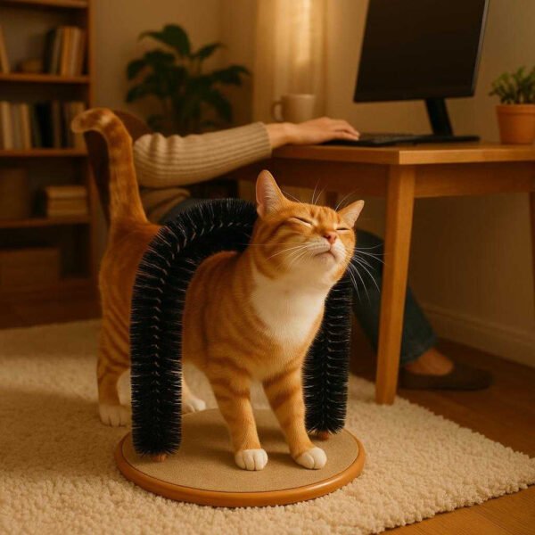 Katte Bue i Plastik, Syntetiske Børster og Træbase - 1 stk - Standard Kvalitet: A different realistic setting in a cozy home office where the product is securely positioned on a plush area rug, naturally placed beside a work desk.