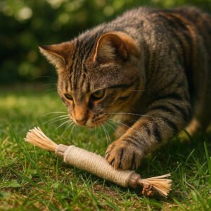 Kattelegetøj: Interaktivt Fjer og Bold Legetøj - Perfekt Til Aktive Katte og Killinger: A different realistic garden setting where the cat toy is securely positioned on a grassy patch, with an adult cat engaging with it energetically.