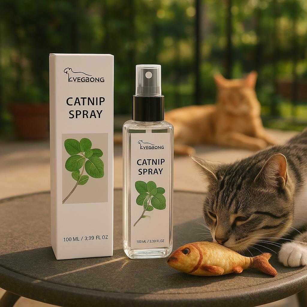 kattemyntespray-til-katte-naturlig-beroligende-d_15210218520963_scene2 Kattemyntespray til katte - Naturlig beroligende duftspray i 100 ml flaske til leg og ro: A different realistic garden setting where the catnip spray is securely positioned on a patio table, being naturally placed next to a cat toy.