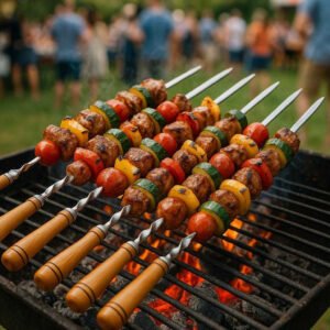 Kebabspyd i Rustfrit Stål med Træhåndtag – Høj Kvalitet Grillredskab til Professionel Madlavning. The high-quality stainless steel skewers with wooden handles are loaded with vibrant vegetables and succulent meats, grilling over hot coals at a bustling outdoor barbecue party.