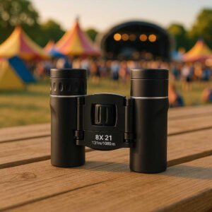 Kikkert 8x21 – Kompakt Letvægts Kikkert til Udendørs Brug med Avanceret Optik. The sleek Kikkert 8x21 binoculars resting on a wooden picnic table at a bustling outdoor music festival, with colorful tents and a stage in the soft-focus background.
