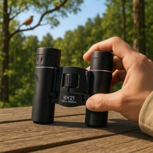 Kikkert 8x21 – Kompakt Letvægts Kikkert til Udendørs Brug med Avanceret Optik: A realistic nature setting where the binoculars are properly grounded on a wooden picnic table, being actively used by a person sitting in the foreground, focused on a distant bird in a tree.