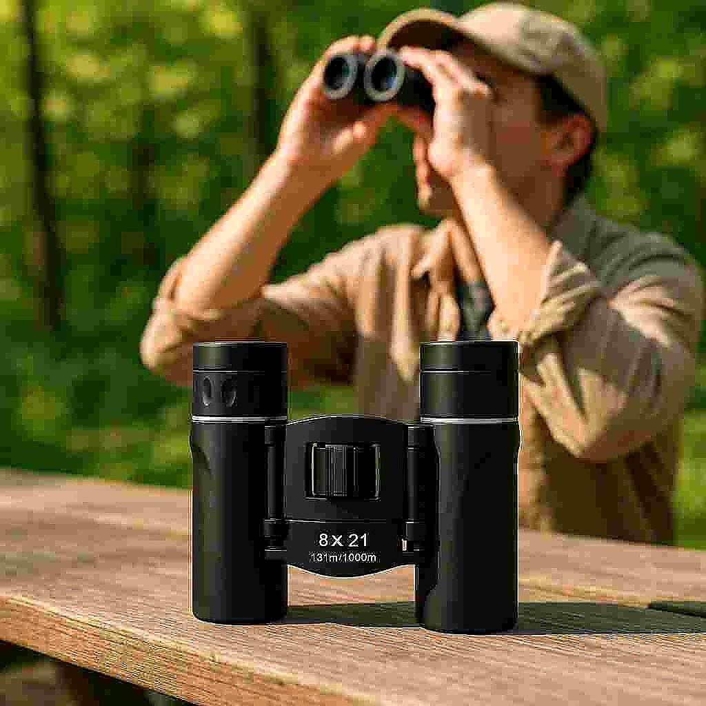 kikkert-8×21-sortslv-finish-perfekt-til-fuglek_15251715129731_scene1_b7b87713-c2d3-414e-9b7f-af51921b9a56 Kikkert 8x21 - Sort/sølv Finish - Perfekt til Fuglekikkeri og Sportsaktiviteter: A realistic outdoor nature setting where the binoculars are properly grounded on a wooden picnic table, being actively used by a person observing birds in a lush green forest.