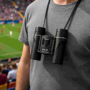 Kikkert 8x21 - Sort/sølv Finish - Perfekt til Fuglekikkeri og Sportsaktiviteter: A different realistic sports event setting where the binoculars are securely positioned around a person's neck with an adjustable strap, being used to watch a soccer match from the stands.
