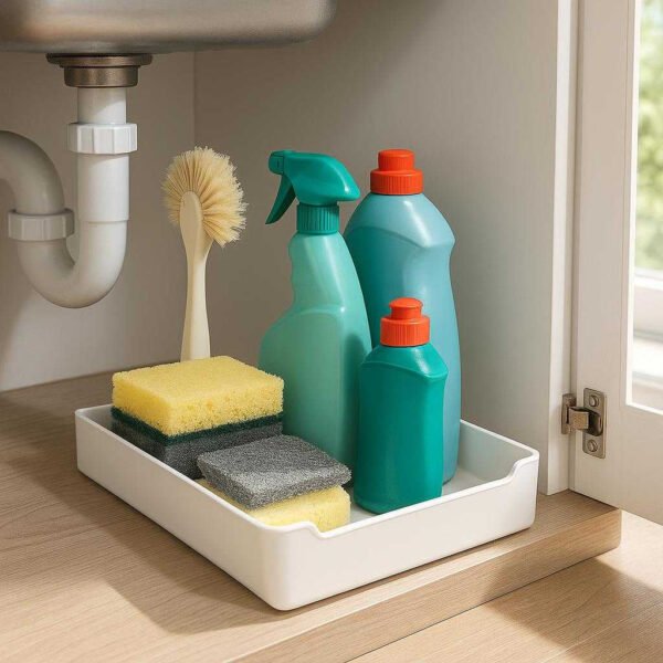 Køkkenopbevaring under vasken - Justerbar hylde til optimal organisering og pladsudnyttelse: A realistic kitchen setting where the product is properly grounded on the floor of a cabinet under the sink, being actively used to organize cleaning supplies like sponges, brushes, and cleaning bottles.