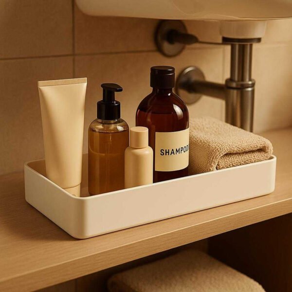 Køkkenopbevaring under vasken - Justerbar hylde til optimal organisering og pladsudnyttelse: A different realistic bathroom setting where the product is securely positioned on a shelf under the sink, being used to neatly organize personal care items like lotions, shampoos, and towels.