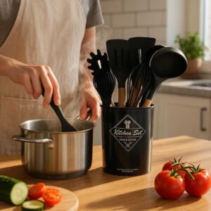 Køkkensæt med 12 Dele i Høj Kvalitet - Professionelt Køkkenredskabssæt med Træhåndtag og Sorte Silikonehoveder: A realistic modern kitchen setting where the product is properly grounded on a wooden countertop, being actively used by a cook preparing a meal.