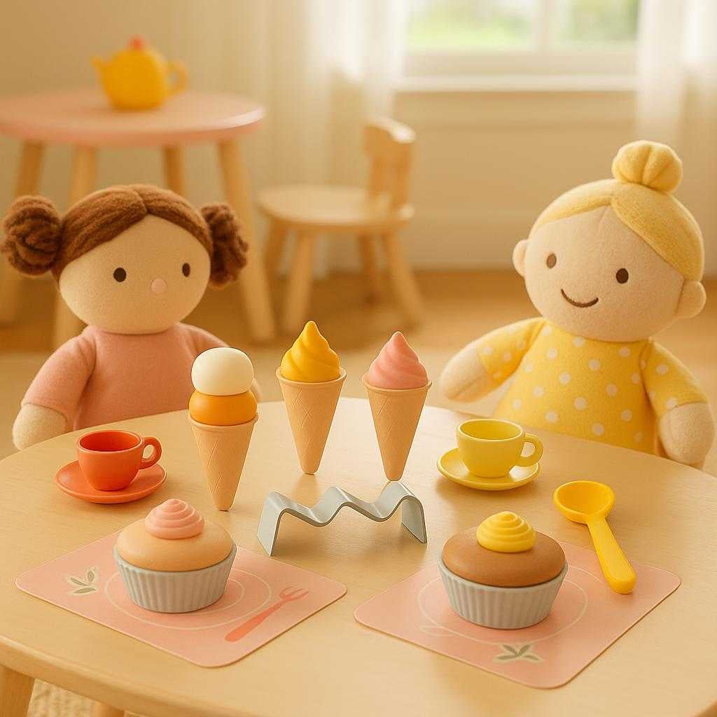 kkkenudstyr-til-brn-kreativt-og-sikkert-bagelegetj-i-pink-gul-og-hvid-a-whimsical-childs-tea-party_15238160384387_scene2 Køkkenudstyr til børn - Kreativt og sikkert bagelegetøj i pink, gul og hvid. A whimsical child’s tea party setup in a sunny playroom displays the pink, yellow, and white toy baking set alongside plush dolls and tiny teacups.