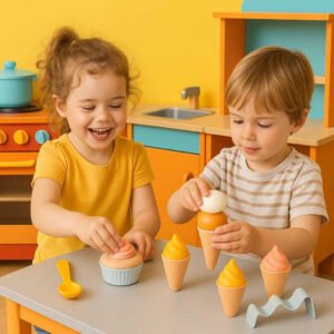 Køkkenudstyr til børn - Kreativt og sikkert bagelegetøj i pink, gul og hvid. Children are joyfully creating pretend cupcakes and ice cream cones using the colorful baking toys at a vibrant play kitchen set, surrounded by toy ovens and counters.