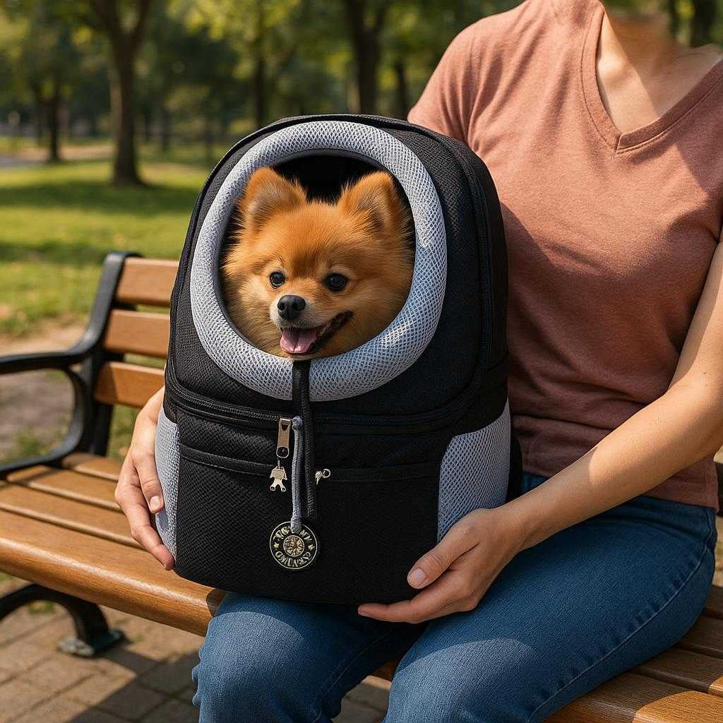 kledyrsrygsk-med-ventilationsvinduer-komfortabel_15205791498627_scene1 Kæledyrsrygsæk med ventilationsvinduer – Komfortabel transporttaske med boblevindue til hunde og katte – Tilgængelig i 5 farver: A realistic urban park setting where the pet backpack is properly grounded on a park bench, being actively used by a person sitting with their pet inside the backpack.