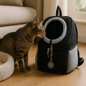 Kæledyrsrygsæk med ventilationsvinduer – Komfortabel transporttaske med boblevindue til hunde og katte – Tilgængelig i 5 farver: A different realistic home setting where the pet backpack is securely positioned on a living room floor next to a pet bed.