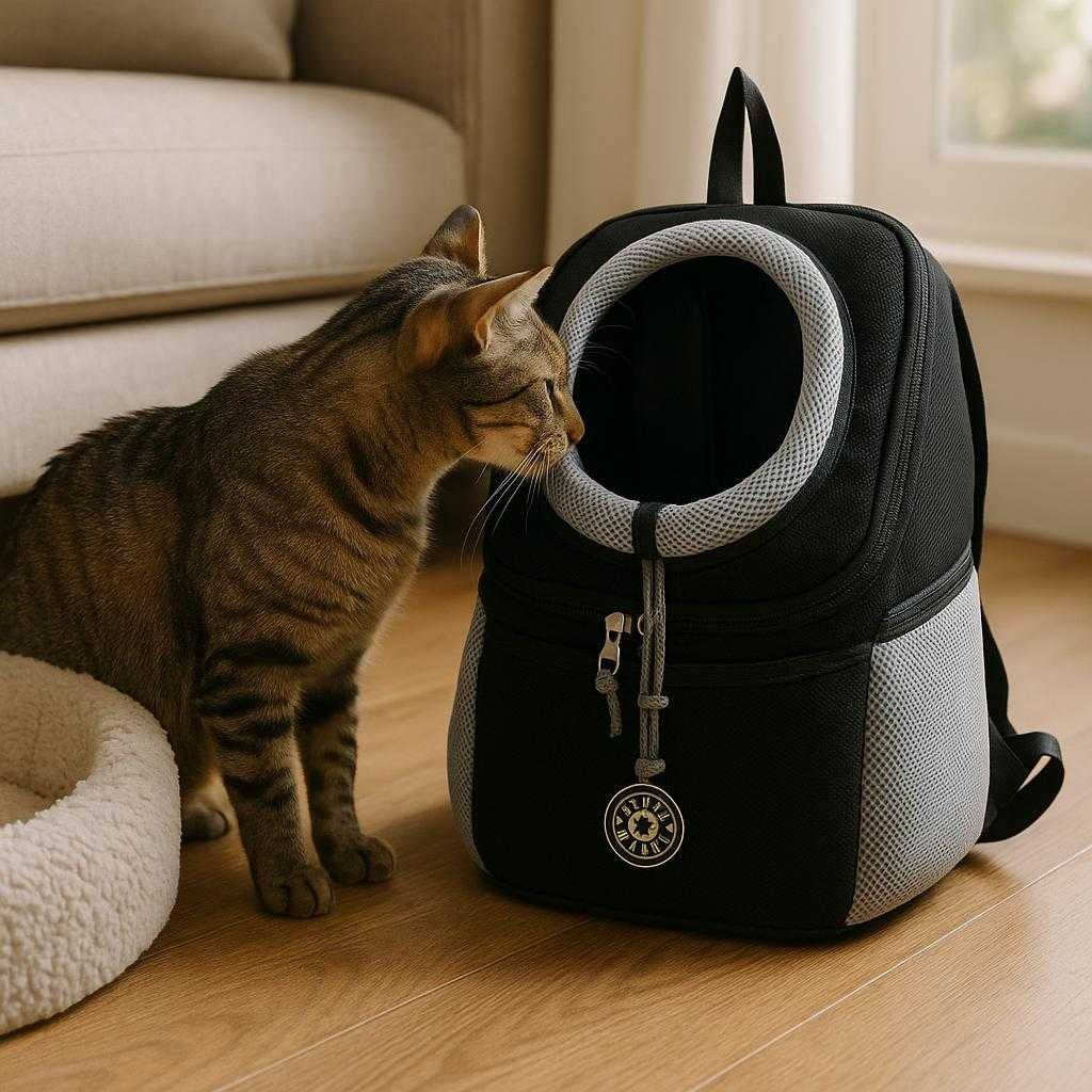 kledyrsrygsk-med-ventilationsvinduer-komfortabel_15205791498627_scene2 Kæledyrsrygsæk med ventilationsvinduer – Komfortabel transporttaske med boblevindue til hunde og katte – Tilgængelig i 5 farver: A different realistic home setting where the pet backpack is securely positioned on a living room floor next to a pet bed.