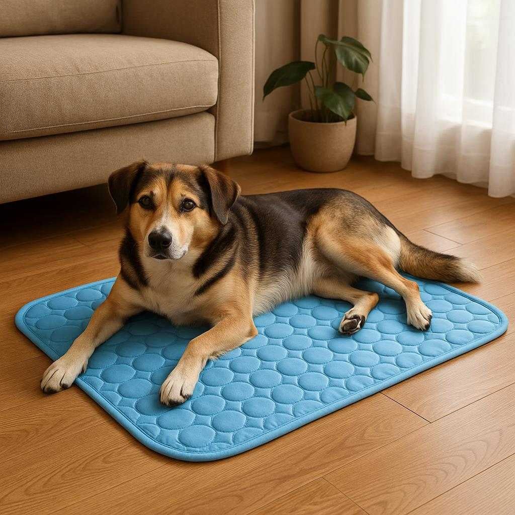 klemtte-til-hund-selvaktiverende-slidstrk-og-let-a_15205795856771_scene1 Kølemåtte til hund: Selvaktiverende, slidstærk og let at transportere - Tilgængelig i Blå, Lyserød, Grå og forskellige størrelser: A realistic living room setting where the Kølemåtte til hund is properly grounded on a wooden floor, being actively used by a relaxed dog lying comfortably on it.