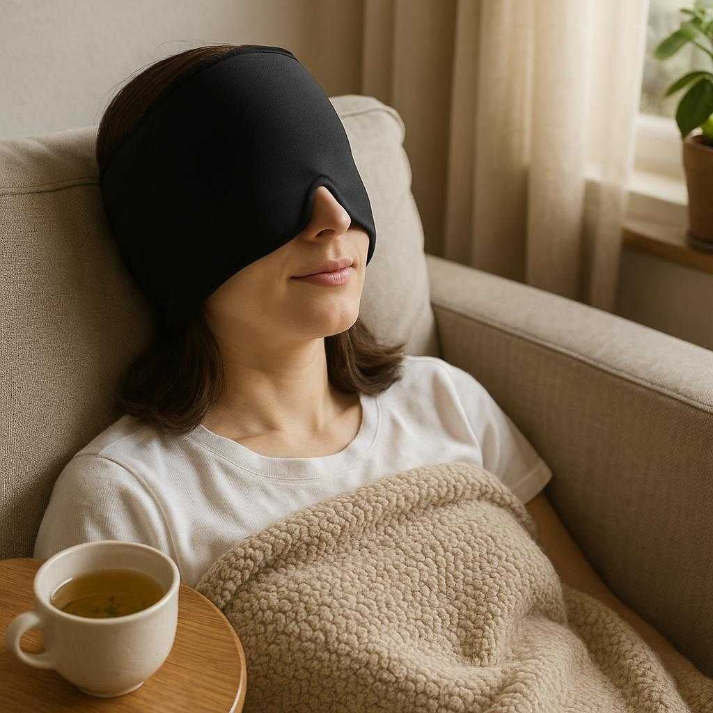 klende-ishtte-med-180-gelkompression-til-migrne_15213353238915_scene1 Kølende Ishætte med 180° Gelkompression - Til Migræne & Hovedpine Lindring - Tilgængelig i Sort og Lyserød: A realistic cozy living room setting where the Kølende Ishætte is properly grounded on the head of a person relaxing on a comfortable couch.