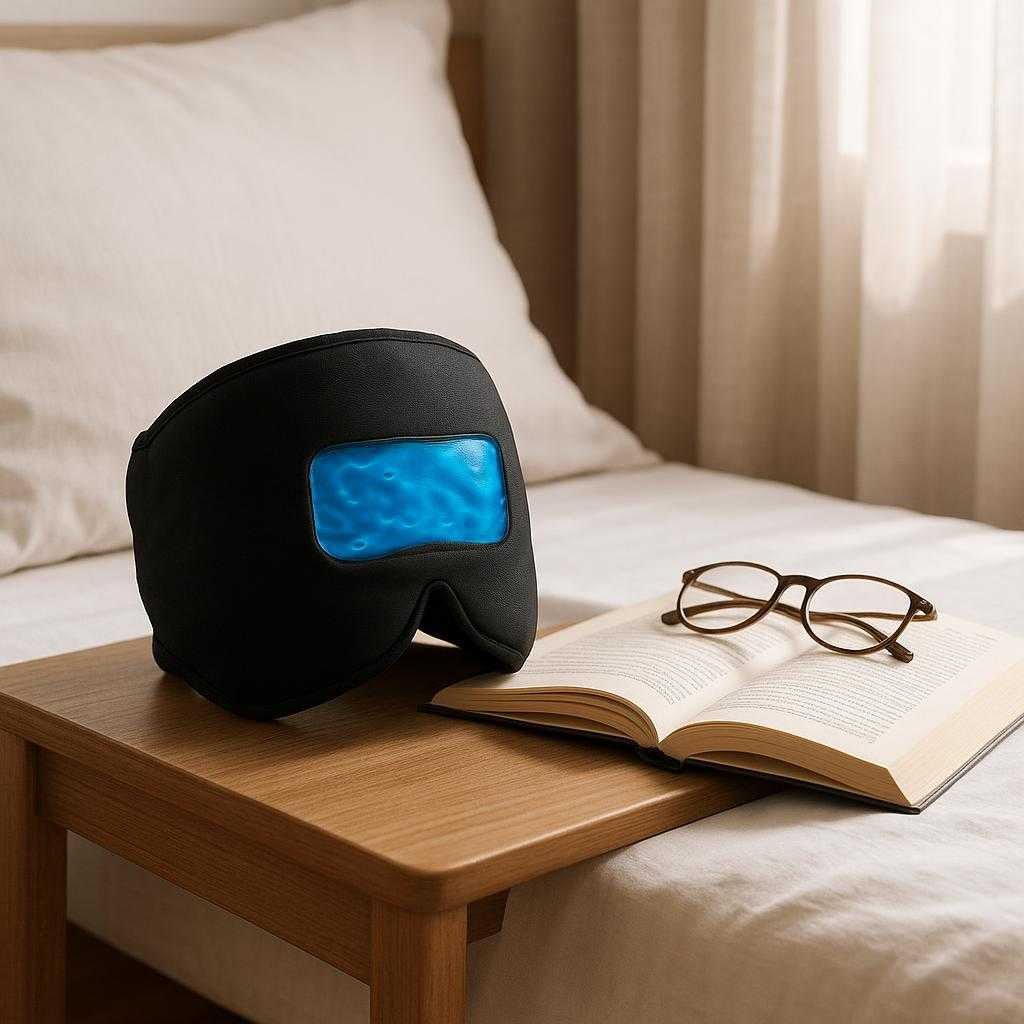 klende-ishtte-med-180-gelkompression-til-migrne_15213353238915_scene2 Kølende Ishætte med 180° Gelkompression - Til Migræne & Hovedpine Lindring - Tilgængelig i Sort og Lyserød: A different realistic bedroom setting where the Kølende Ishætte is securely positioned on a bedside table next to a neatly made bed.