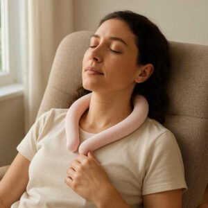 Kølende Omslag til Nakken - Genanvendeligt Gelbånd til Afslapning & Lindring i Lyserød, Blå og Hvid: A realistic living room setting where the Kølende Omslag til Nakken is properly grounded on a comfortable lounge chair, being actively used by a person relaxing with closed eyes.