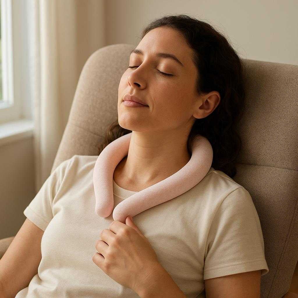 klende-omslag-til-nakken-genanvendeligt-gelbnd-t_15213353271683_scene1 Kølende Omslag til Nakken - Genanvendeligt Gelbånd til Afslapning & Lindring i Lyserød, Blå og Hvid: A realistic living room setting where the Kølende Omslag til Nakken is properly grounded on a comfortable lounge chair, being actively used by a person relaxing with closed eyes.