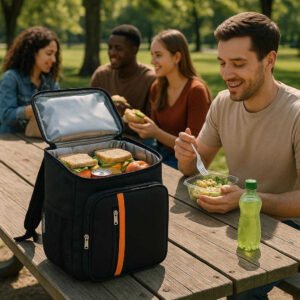 Kølerygsæk i Sort med Stor Kapacitet og Isolering – Professionelt Design til Hverdagsbrug: A realistic urban park setting where the backpack is properly grounded on a wooden picnic table, being actively used by a group enjoying an outdoor lunch.