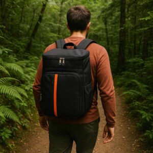 Kølerygsæk i Sort med Stor Kapacitet og Isolering – Professionelt Design til Hverdagsbrug. A person wearing the Kølerygsæk i Sort with vibrant orange detailing, hiking through a lush forest trail, showcasing the backpack's large capacity and comfortable fit for outdoor adventures.