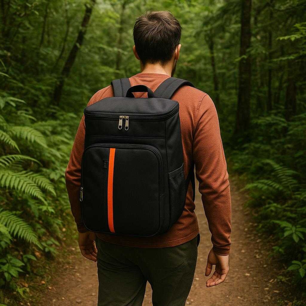 klerygsk-i-sort-med-stor-kapacitet-og-isolering-professionelt-design-til-hverdagsbrug-a-person-wearing-the-klerygsk_15251637633411_scene1 Kølerygsæk i Sort med Stor Kapacitet og Isolering – Professionelt Design til Hverdagsbrug. A person wearing the Kølerygsæk i Sort with vibrant orange detailing, hiking through a lush forest trail, showcasing the backpack's large capacity and comfortable fit for outdoor adventures.