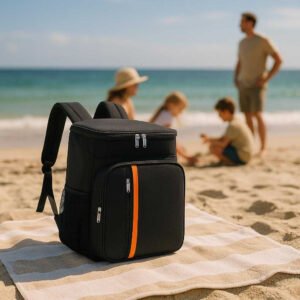 Kølerygsæk i Sort med Stor Kapacitet og Isolering – Professionelt Design til Hverdagsbrug. The Kølerygsæk i Sort is casually resting on a beach towel at a sunlit beach, with a family enjoying the day in the background, highlighting its cooling insulation keeping drinks fresh inside.