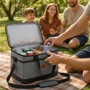 Køletaske i moderne design - Perfekt til madpakke, picnic og udendørs aktiviteter: A realistic picnic setting in a lush green park where the cooler bag is properly grounded on a picnic blanket, being actively used by a family.