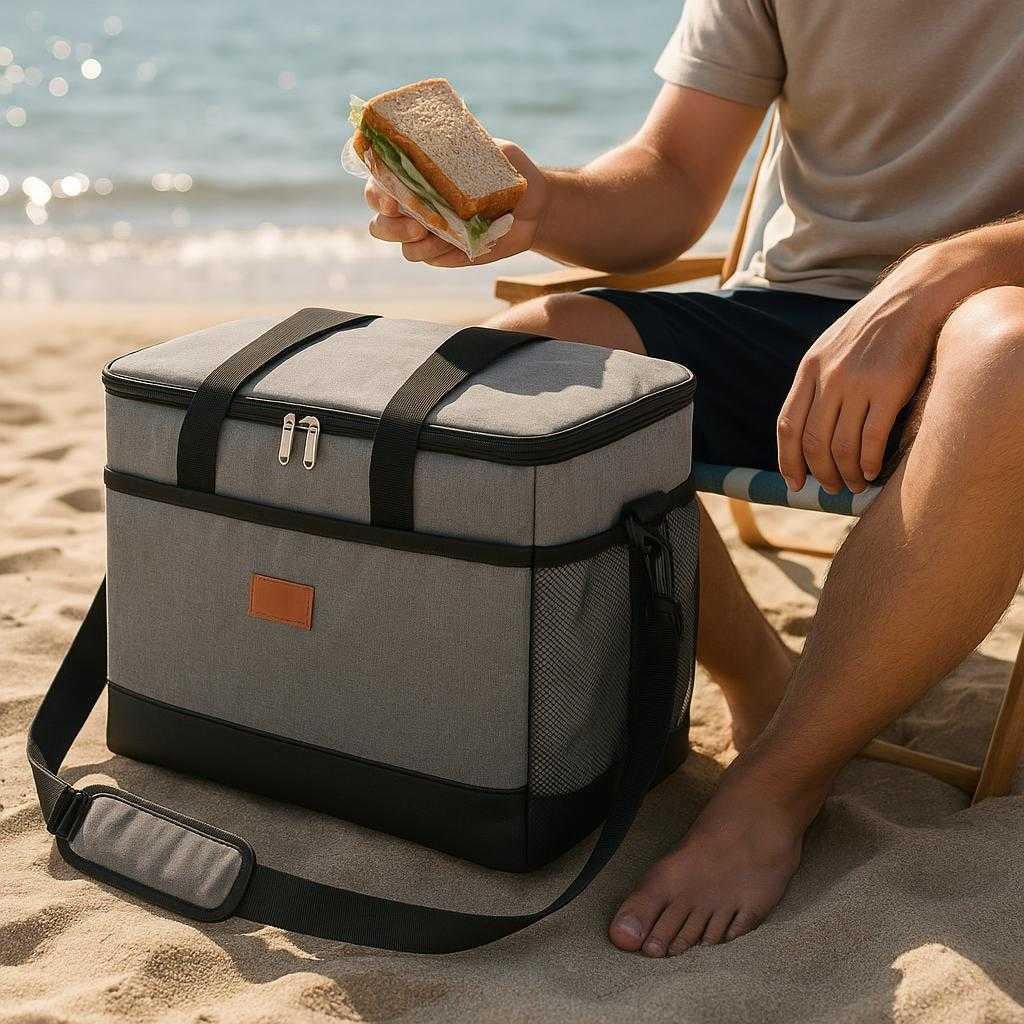 kletaske-i-moderne-design-perfekt-til-madpakke-p_15061934276995_scene2 Køletaske i moderne design - Perfekt til madpakke, picnic og udendørs aktiviteter: A different realistic setting on a sandy beach where the cooler bag is securely positioned on the sand next to a beach chair.