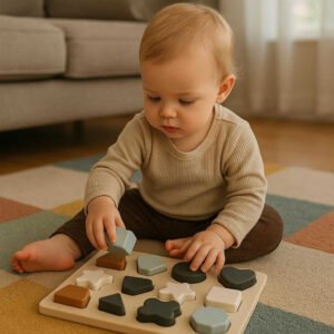 Knoppuslespil 1-3 år i Træ med Dyremotiver - Montessori Legetøj til Motorisk Udvikling: A realistic cozy living room setting where the product is properly grounded on a soft, colorful play mat, being actively used by a toddler sitting nearby, with natural lighting from a window casting soft shadows and showing clear contact points where the pieces rest on the mat.