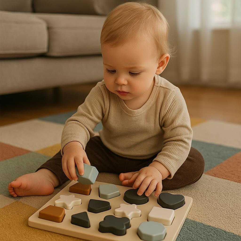 knoppuslespil-1-3-r-i-tr-med-dyremotiver-montess_15061924217219_scene1 Knoppuslespil 1-3 år i Træ med Dyremotiver - Montessori Legetøj til Motorisk Udvikling: A realistic cozy living room setting where the product is properly grounded on a soft, colorful play mat, being actively used by a toddler sitting nearby, with natural lighting from a window casting soft shadows and showing clear contact points where the pieces rest on the mat.