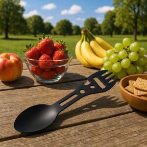 Kombinationsbestik i Metal – Professionelt Multiværktøj til Mad & Friluftsliv - Høj Kvalitet. The sleek metal spork multi-tool is set on a rustic wooden picnic table amidst a spread of fresh fruits and snacks in a vibrant park setting, with a sunny sky overhead.