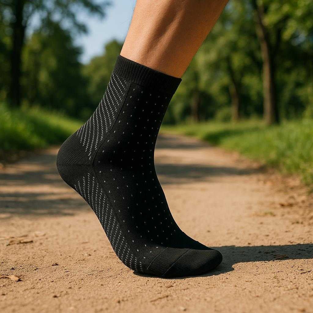 kompressionsstrmper-til-lb-sort-hvid-forbedrer_15205789696387_scene1 Kompressionsstrømper til Løb - Sort, Hvid - Forbedrer Blodcirkulation: A realistic outdoor jogging trail where the compression sock is properly grounded on a runner's foot, actively being used while running.