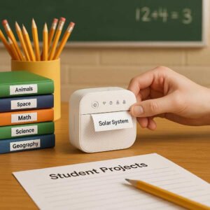 Labelmaskine med trådløs forbindelse og kompakt størrelse - Perfekt til dokumenter og fotos: A different realistic classroom setting where the label printer is securely positioned on a teacher's desk, being used to print labels for student projects and classroom materials.