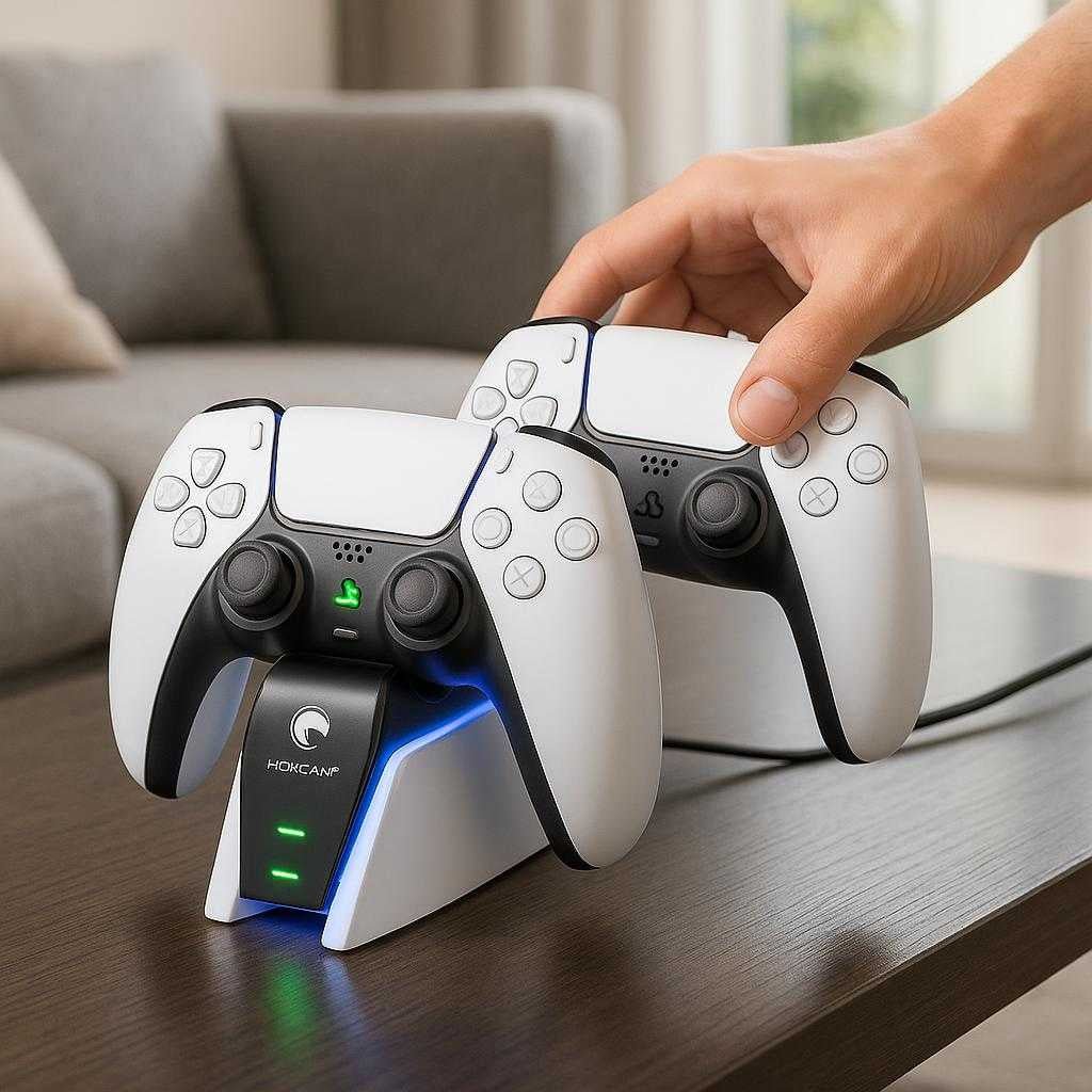 ladestation-3705-hvid-sort-hurtig-opladning-pla_15378293195139_scene1 Ladestation 3705 Hvid & Sort - Hurtig Opladning, Pladsbesparende - Plastik, metal, LED-lys: A realistic living room setting where the charging station is properly grounded on a sleek, modern coffee table, actively charging two controllers with visible LED lights indicating power.