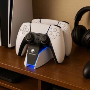 Ladestation 3705 Hvid & Sort - Hurtig Opladning, Pladsbesparende - Plastik, metal, LED-lys: A different realistic gaming setup where the charging station is securely positioned on a wooden entertainment center beside a gaming console.