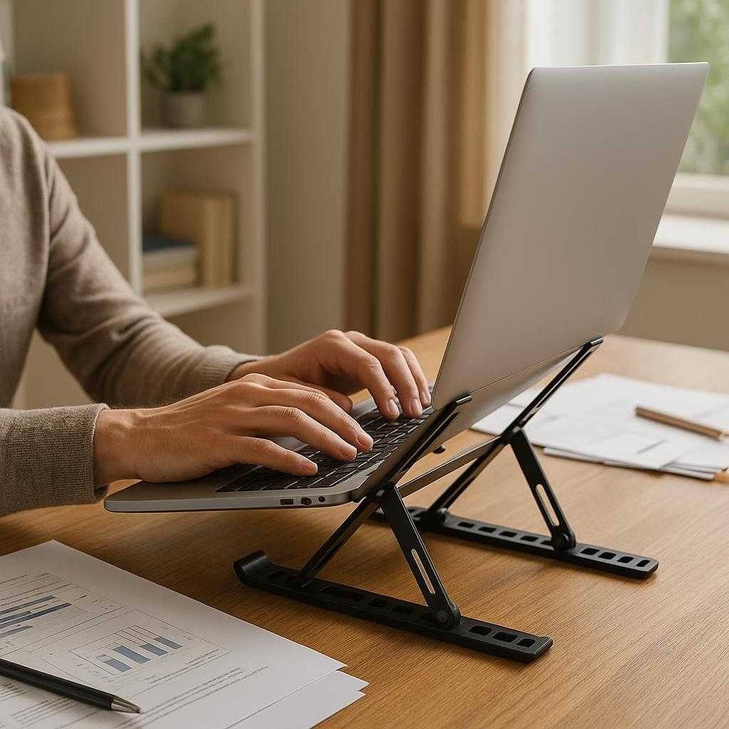 laptop-stand-i-sort-og-hvid-justerbar-og-foldbar_15207486062979_scene1 Laptop stand i sort og hvid - Justerbar og foldbar til bedre ergonomi og luftcirkulation: A realistic home office setting where the laptop stand is properly grounded on a wooden desk, being actively used to support a laptop by a person's hands.