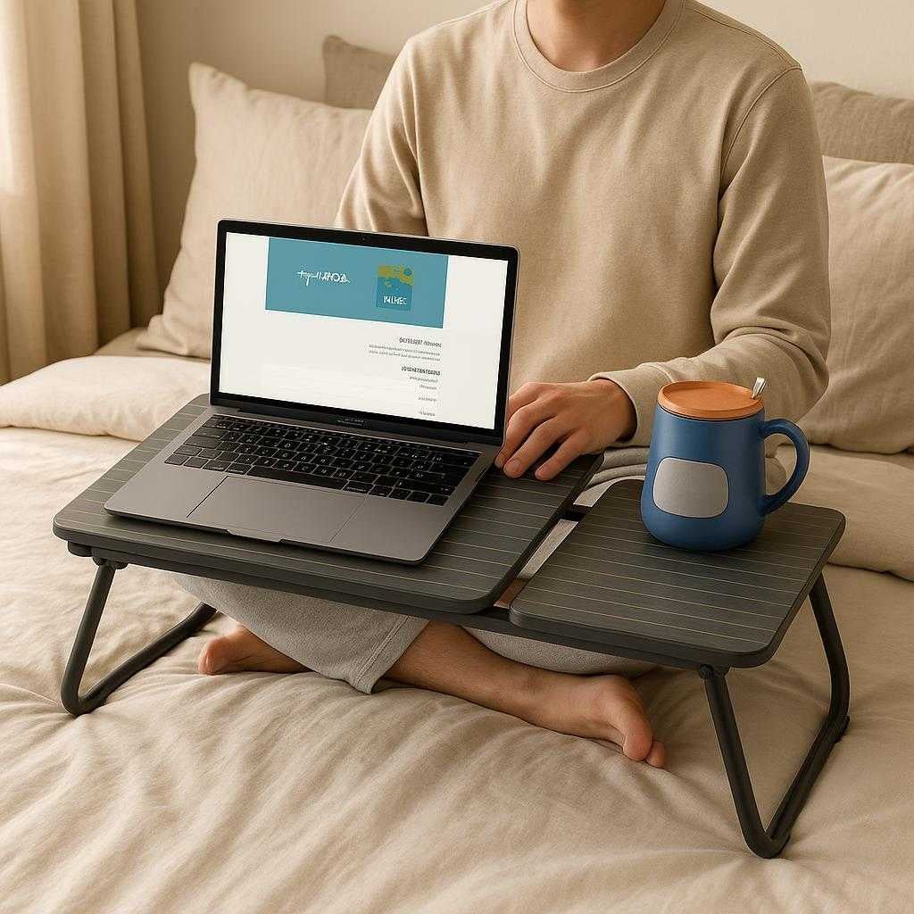 laptopbord-i-metal-tr-og-plastik-sort-hvid-brb_15387090846083_scene1 Laptopbord i metal, træ og plastik - Sort, Hvid - Bærbar og Ergonomisk: A realistic bedroom setting where the laptop table is properly grounded on a cozy bed with soft pillows around it, being actively used by a person sitting cross-legged on the bed.