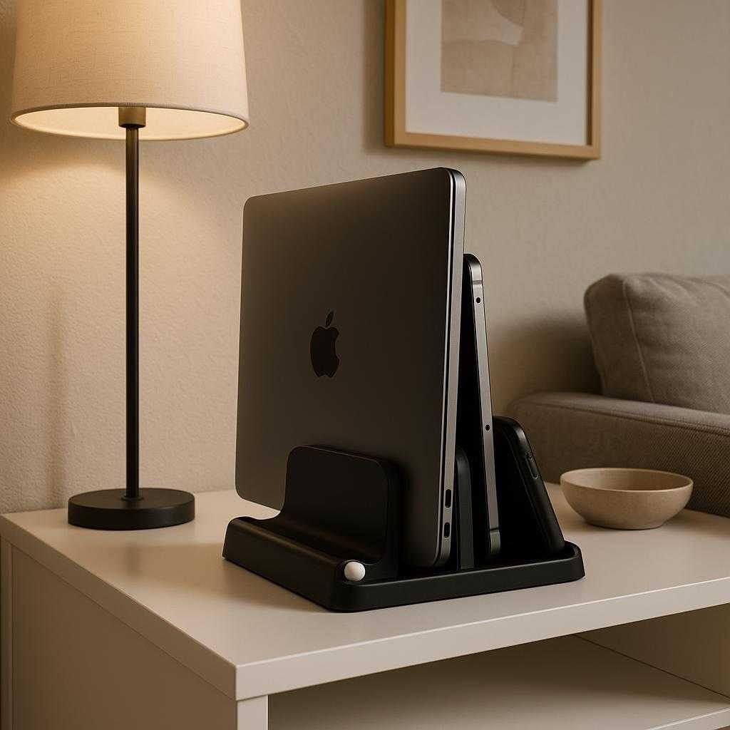 laptopstativer-i-aluminium-og-plastik-sort-pladsbe_15378301682051_scene2 Laptopstativer i aluminium og plastik, sort, pladsbesparende og beskytter enheder: A different realistic living room environment where the product is securely positioned on a modern white shelf, holding a laptop and a smartphone in a space-efficient manner.