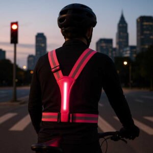 Løbevest med LED Lys i Grøn og Pink - Høj Synlighed Refleksvest til Mørke Løb og Cykling: A different realistic city setting where the Løbevest med LED Lys i Pink is securely positioned on a cyclist, being used during an early morning commute.