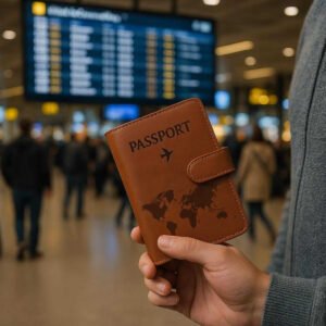 Læderlook Pung til Pas i Brun, Grå, Lysegrå, Lyserød, Mørkegrøn – Høj Kvalitet og Stilfuld Opbevaring. In a bustling airport terminal, the brown leather passport holder is securely in hand as a traveler checks flight details on a large digital display, with other passengers moving around in the background.