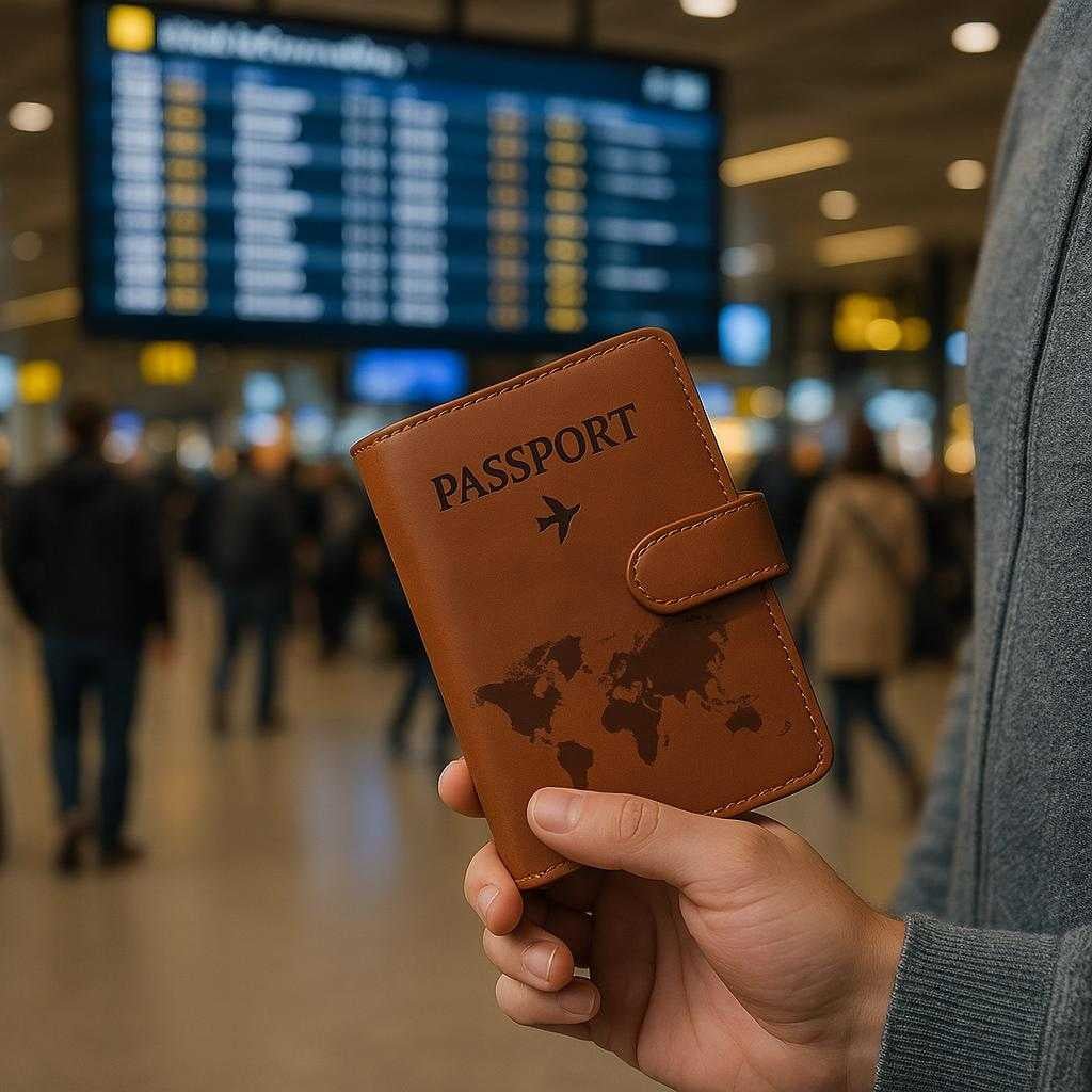 lderlook-pung-til-pas-i-brun-gr-lysegr-lyserd-mrkegrn-hj-kvalitet-og-stilfuld-opbevaring-in-a-bustling-airport-terminal_15240304886147_scene1 Læderlook Pung til Pas i Brun, Grå, Lysegrå, Lyserød, Mørkegrøn – Høj Kvalitet og Stilfuld Opbevaring. In a bustling airport terminal, the brown leather passport holder is securely in hand as a traveler checks flight details on a large digital display, with other passengers moving around in the background.
