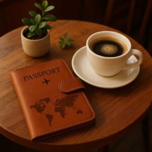 Læderlook Pung til Pas i Brun, Grå, Lysegrå, Lyserød, Mørkegrøn – Høj Kvalitet og Stilfuld Opbevaring. On a wooden café table in a cozy corner, the brown leather passport holder lies beside a steaming cup of coffee and a small plant, suggesting a moment of relaxation during a travel layover.